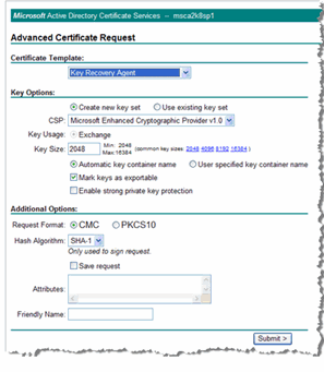 Microsoft Certificate Services Advanced Certificate Request page with a Certificate Template drop-down list, as well as settings for Key Options and Advanced Options with a Submit button at the bottom right of the page